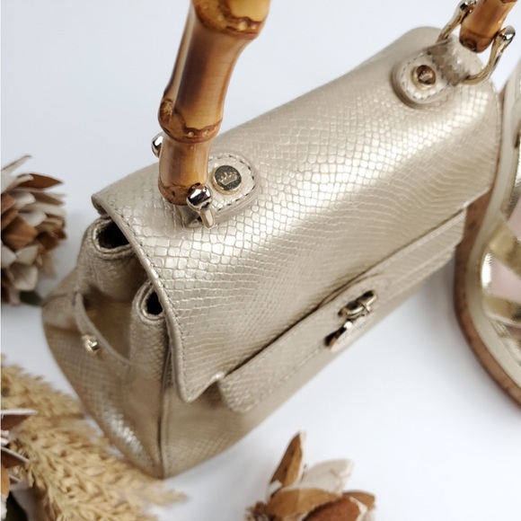 EUC Elaine Turner Champagne Gold snakeskin leather bag with bamboo handle - Picture 3 of 13